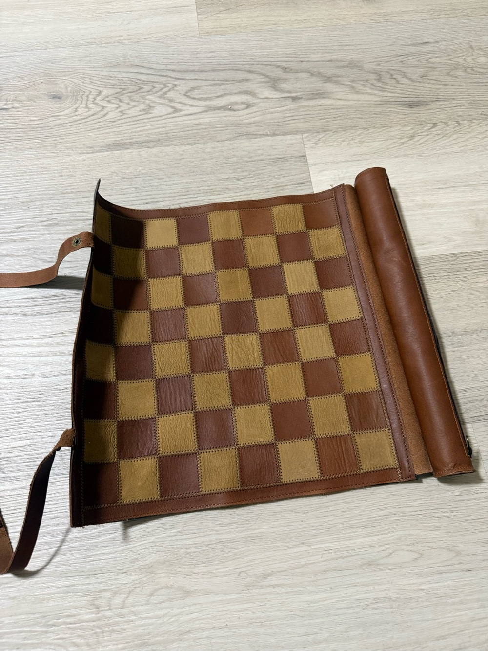 Travel Checkers Game Roll Up Stitched Faux Leather Brown New Pieces